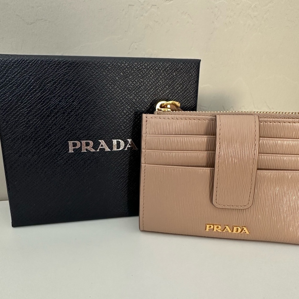 Prada Vitello Coin Card Case Leather Wallet Beige
